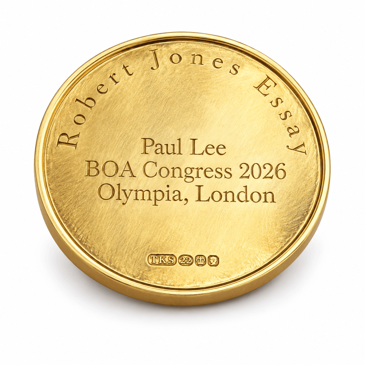 Reverse of Professor Paul Lee's Robert Jones Medal, inscribed Robert Jones Essay, Paul Lee, BOA Congress 2026